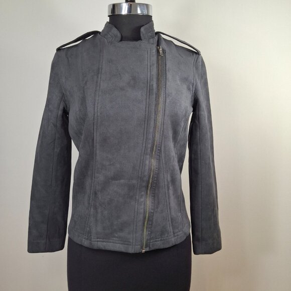 Joe Fresh Crop Grey Suede Moto Biker Jacket Sz M Zipped Lined Vegan Suede - Picture 1 of 14